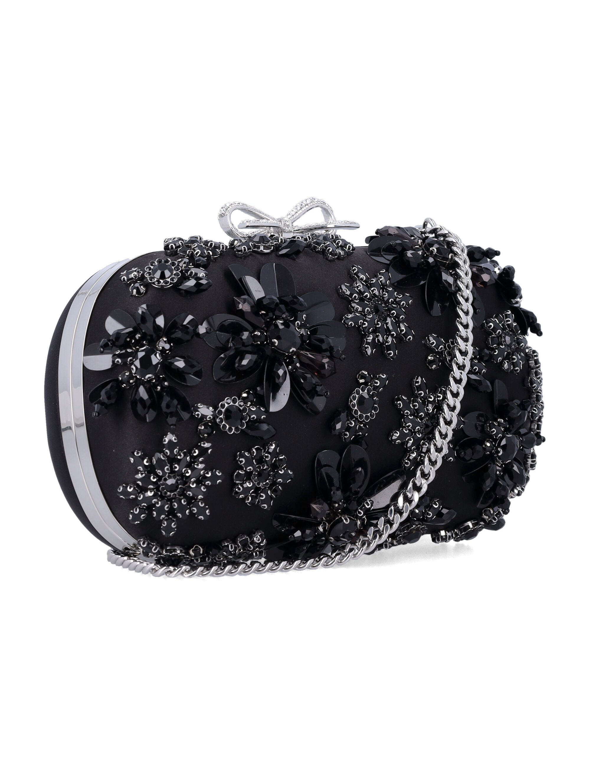 Self-Portrait black Satin Floral Crystal clutch Polyester