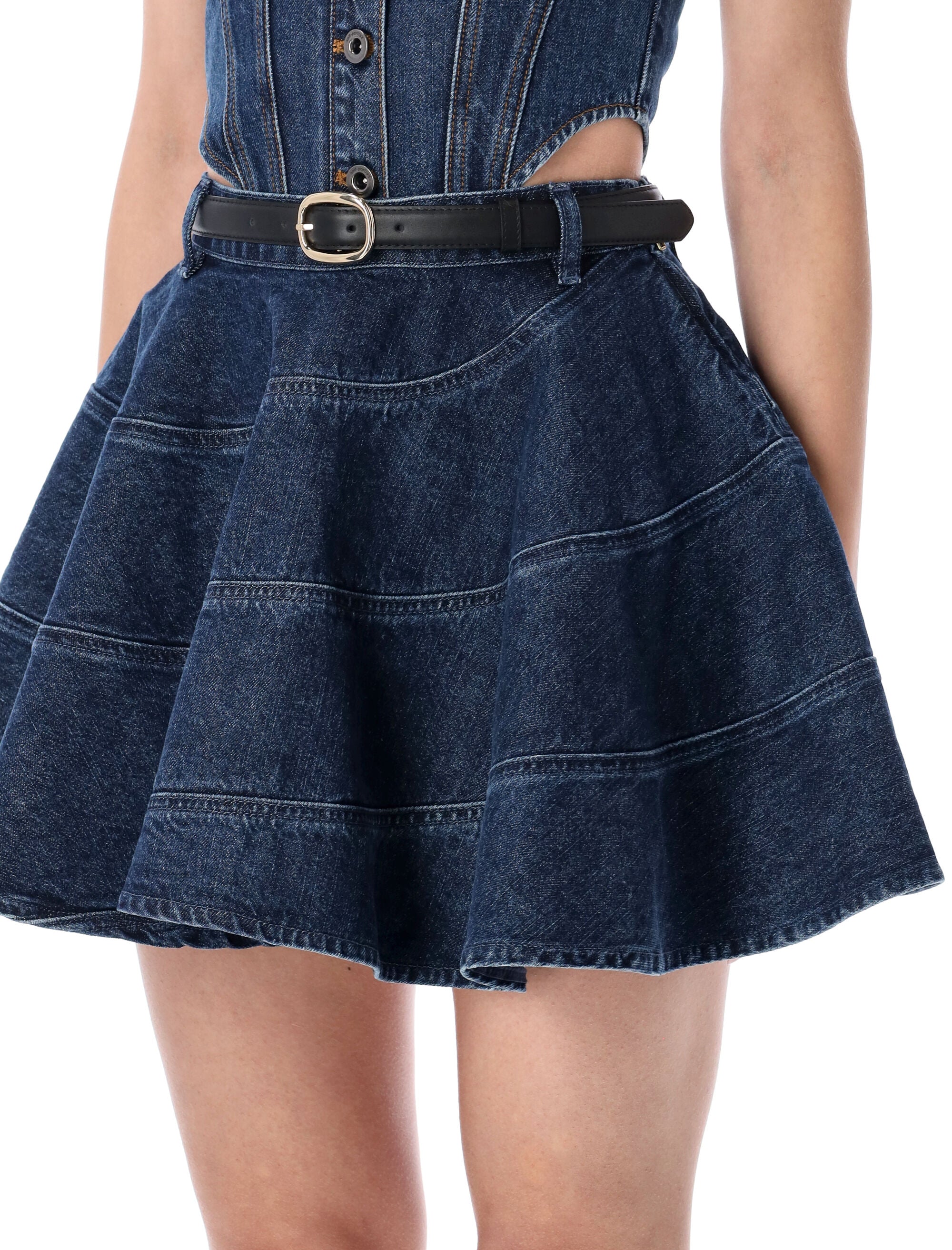 Self-Portrait flared blue denim mini skirt Cotton