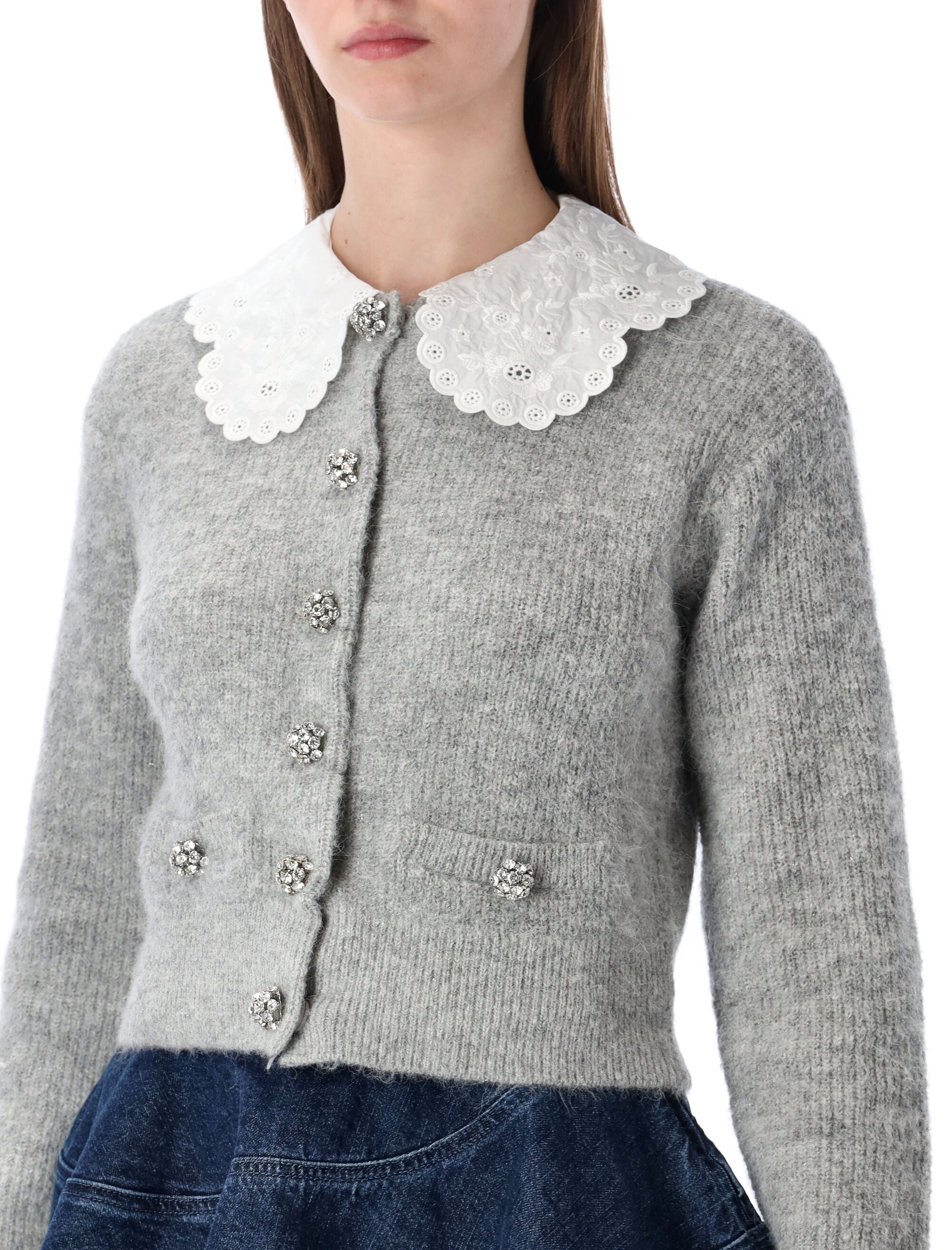 Self-Portrait broderie anglaise collar cardigan Grey Pes