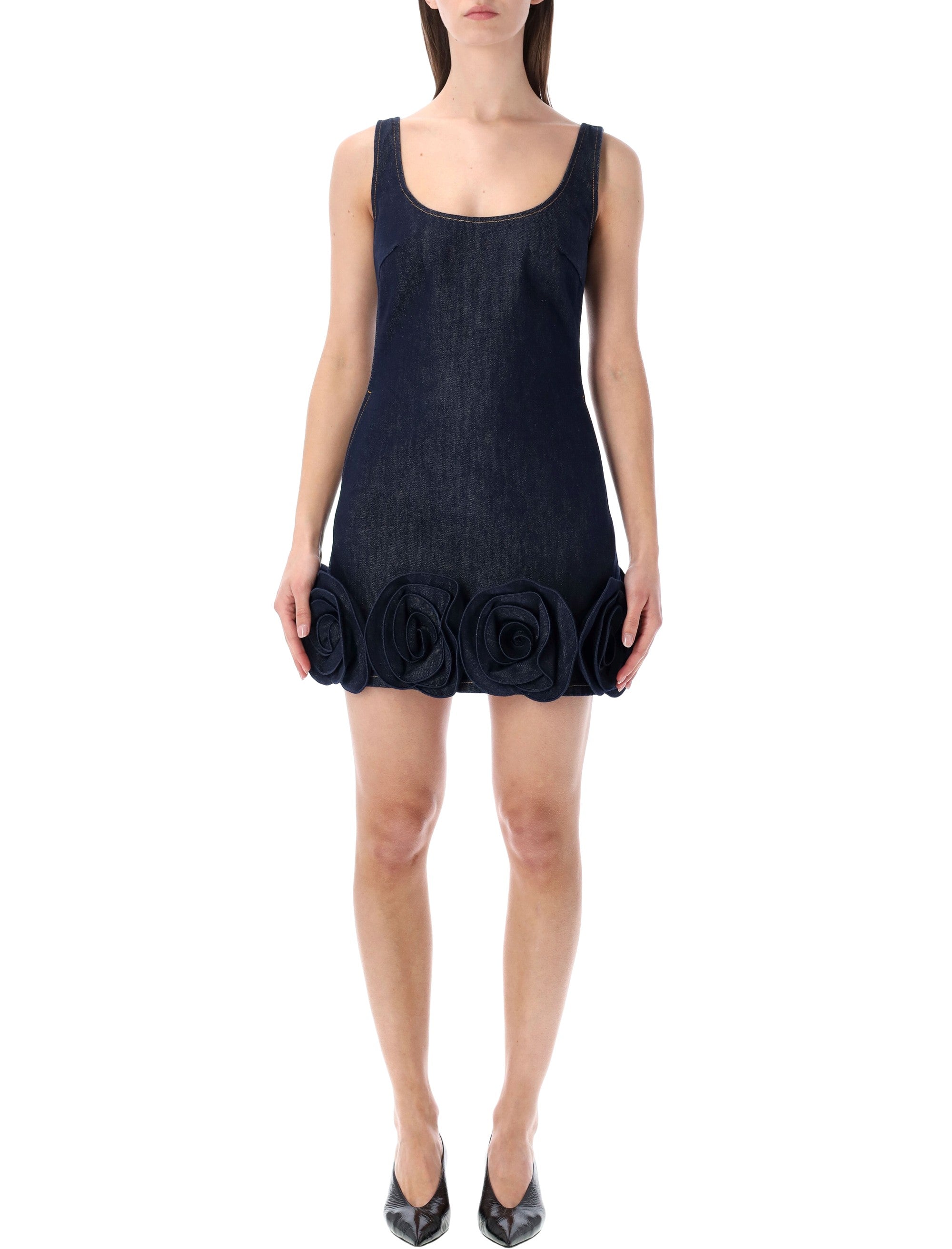 Self-Portrait denim flower mini dress Indigo Blue Cotton