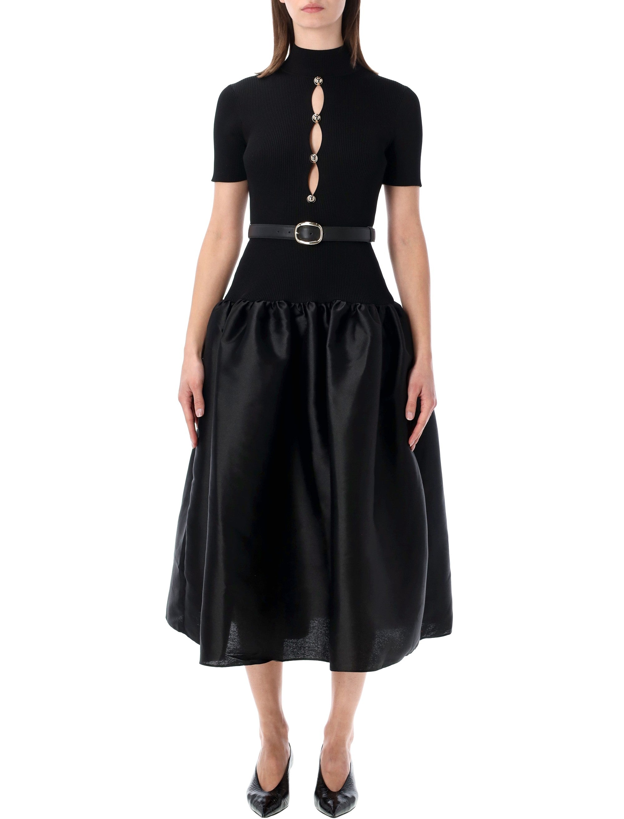 Self-Portrait black knit and taffeta midi dress Viscose