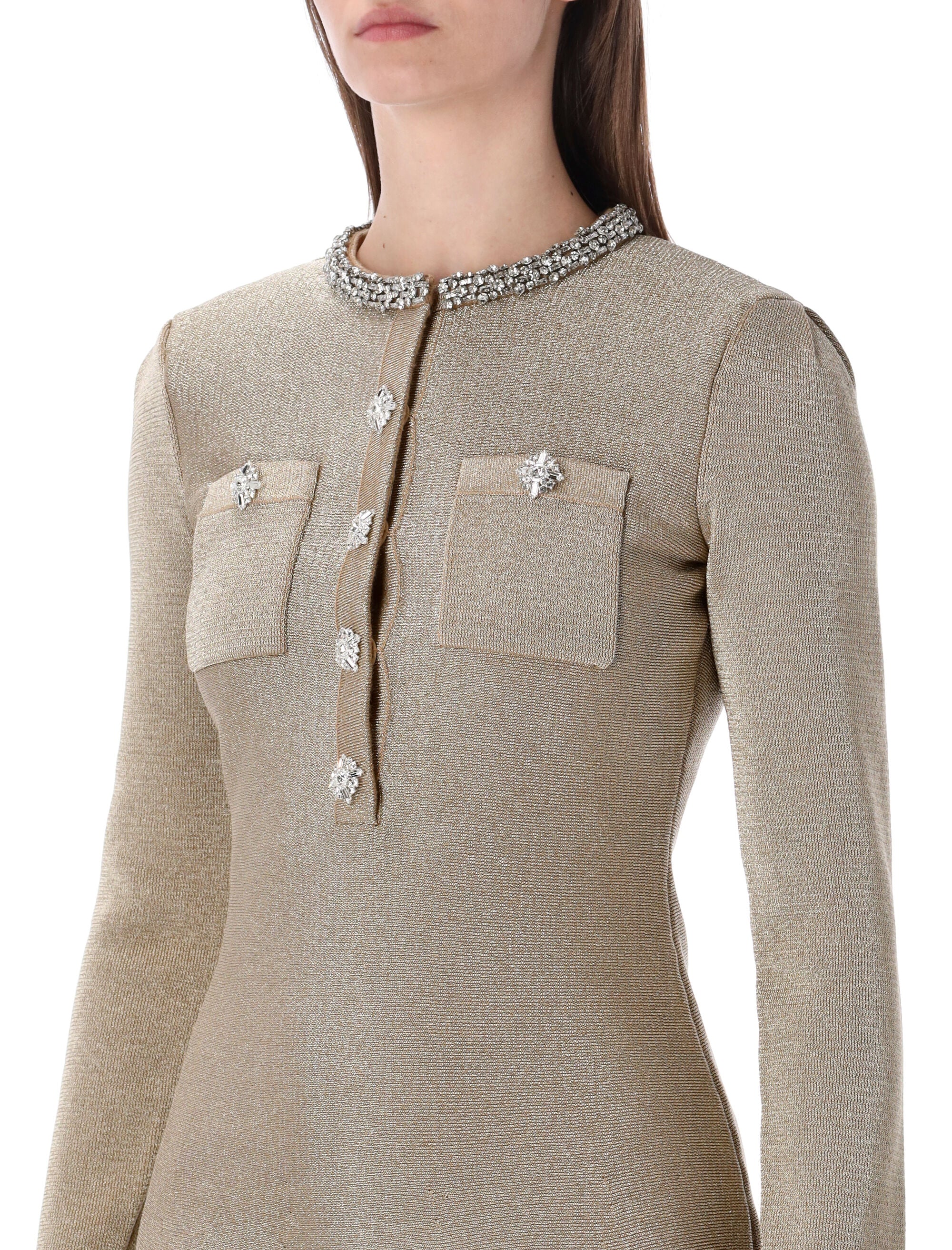 Self-Portrait crystal knit mini dress Gold Cotton