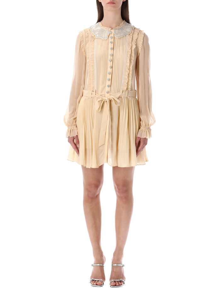 Self-Portrait pleated georgette mini dress Tan Beige Viscose