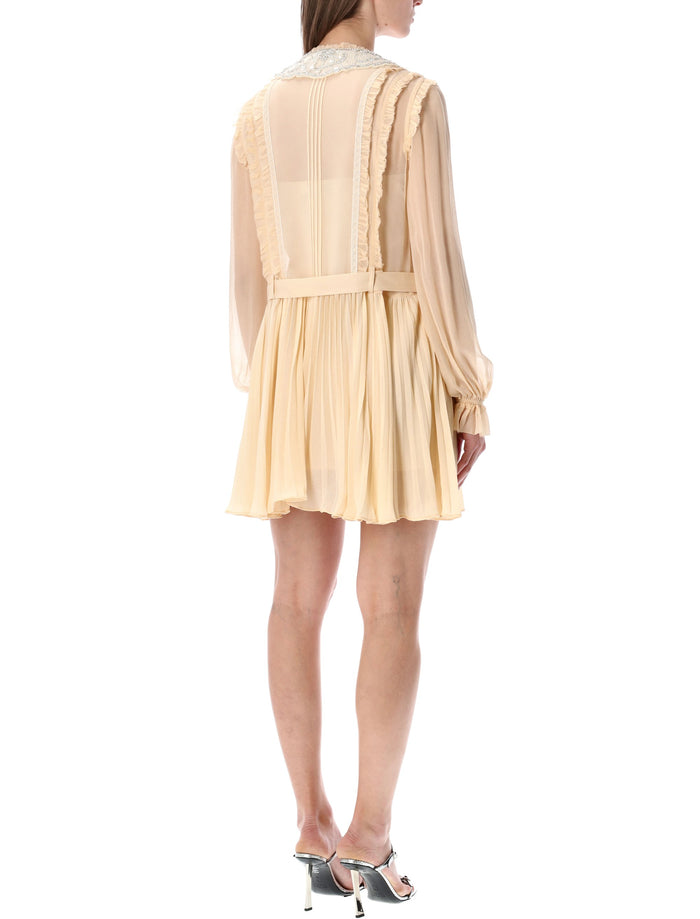Self-Portrait pleated georgette mini dress Tan Beige Viscose