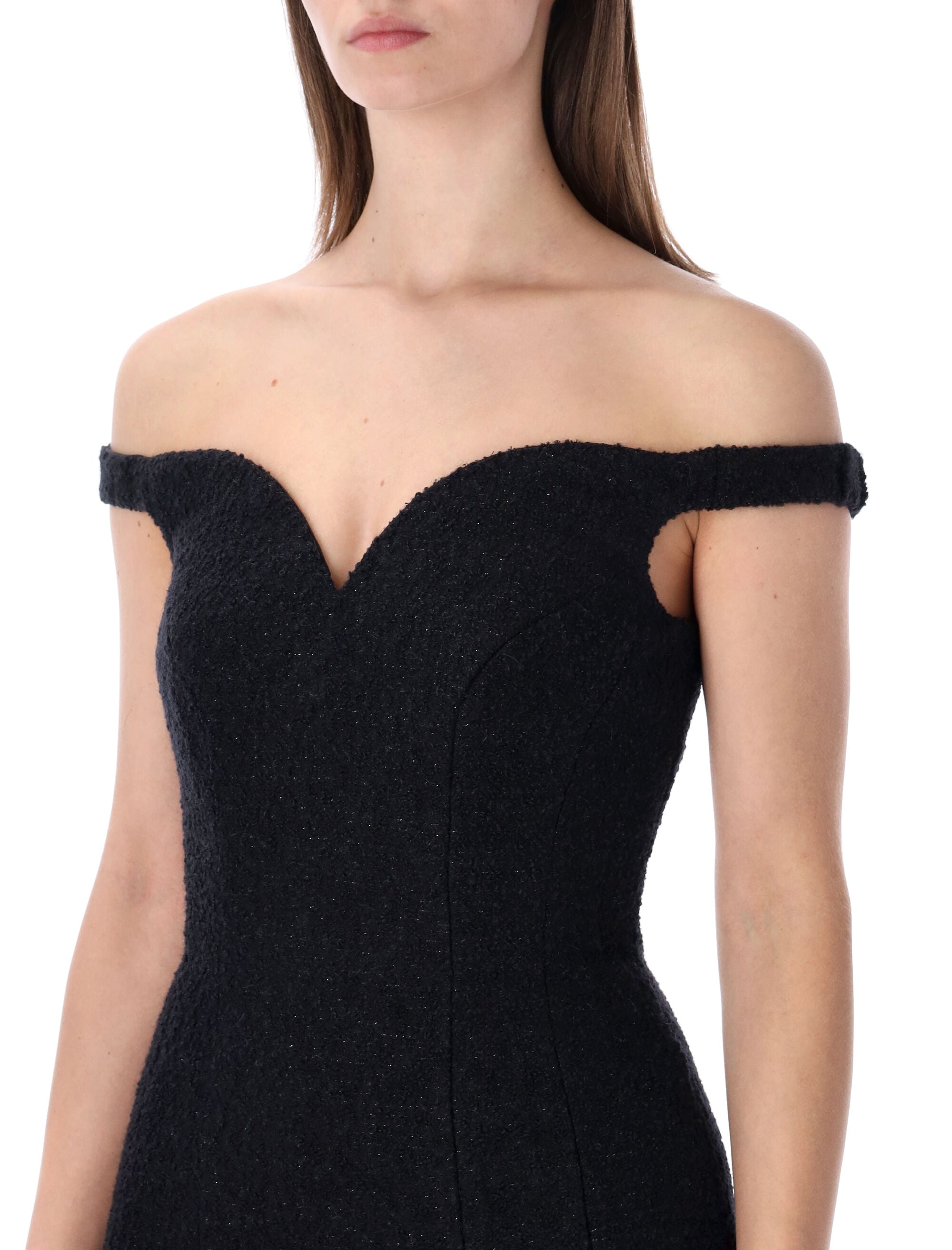 Self-Portrait black bouclé off-shoulder mini dress Acrylic