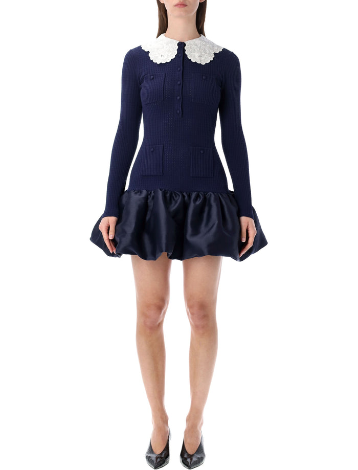 Self-Portrait knit and taffeta mini dress Navy Viscose