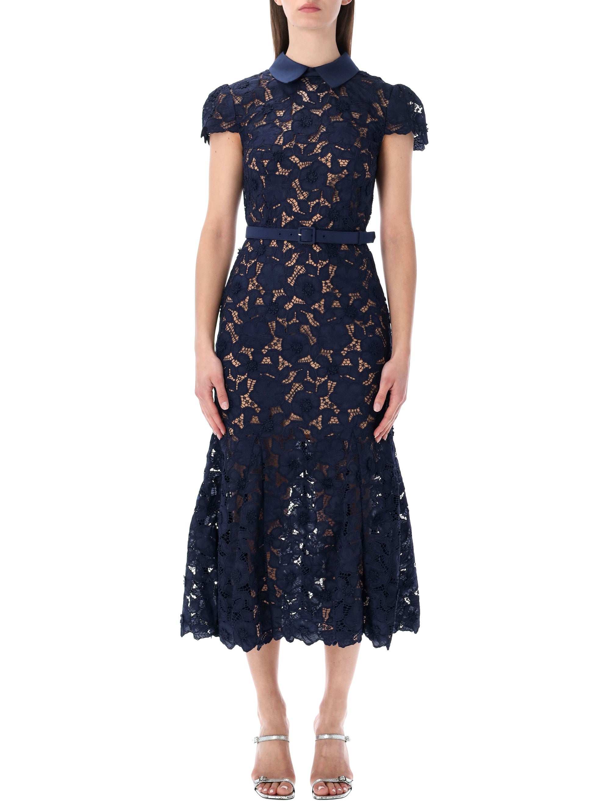 Self-Portrait guipure lace midi dress Navy Polyester