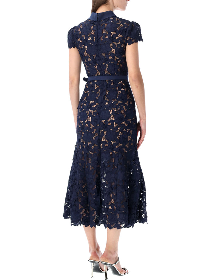 Self-Portrait guipure lace midi dress Navy Polyester