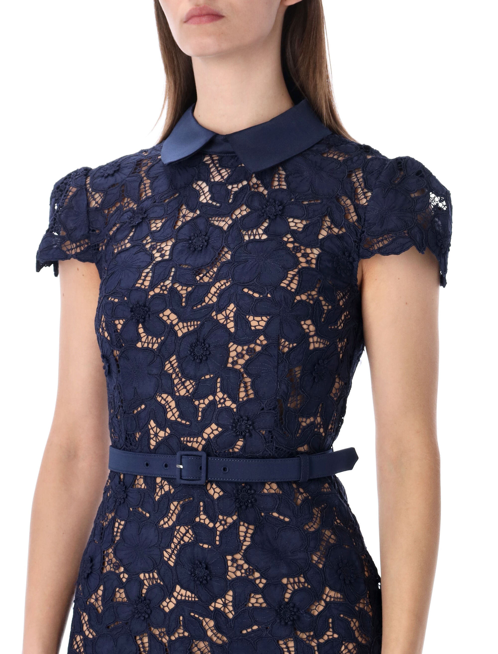 Self-Portrait guipure lace midi dress Navy Polyester