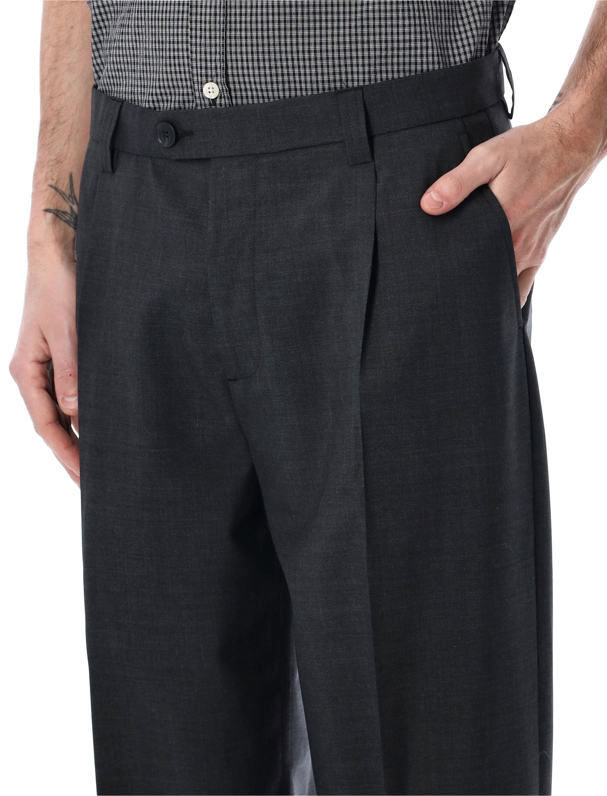 Mfpen Service Wide Straight Tropical Wool Trousers Dark Grey