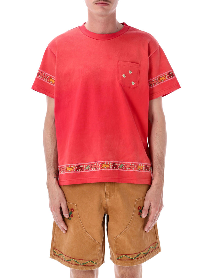 Found Horse Motif Embroidered Tee Wash Red Cotton T-shirt