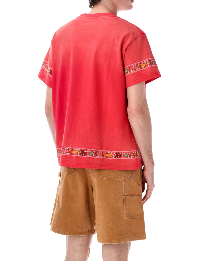 Found Horse Motif Embroidered Tee Wash Red Cotton T-shirt