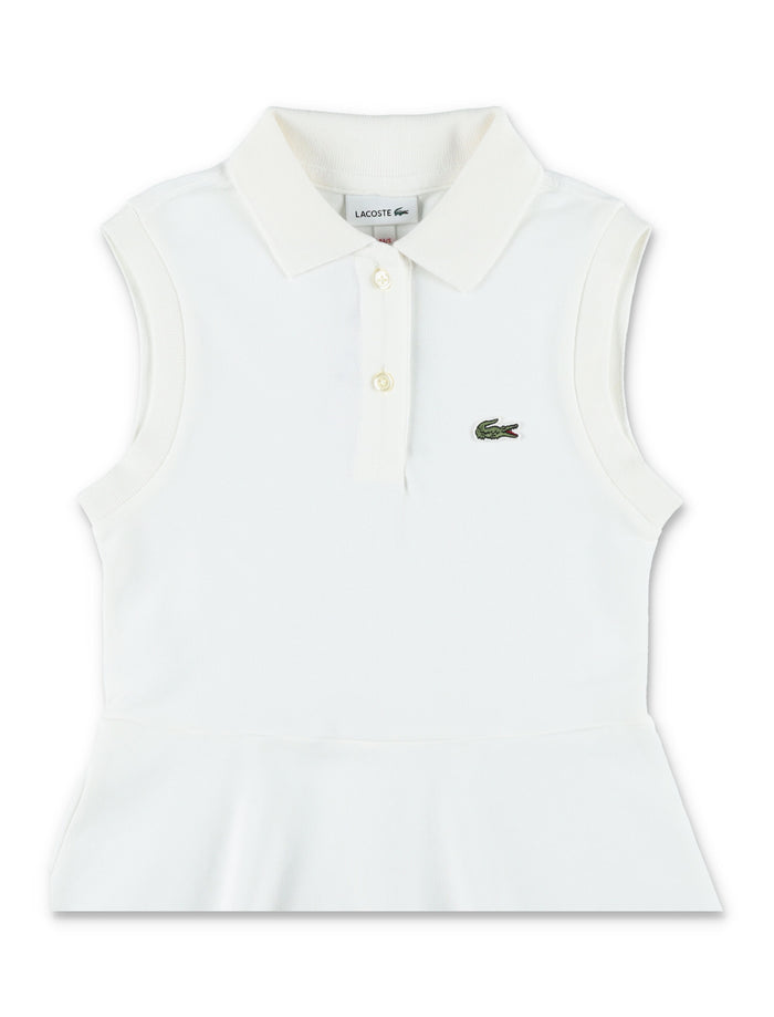Lacoste Girls Sleeveless Elastic Petit Piqué Dress White Organic Combed Cotton