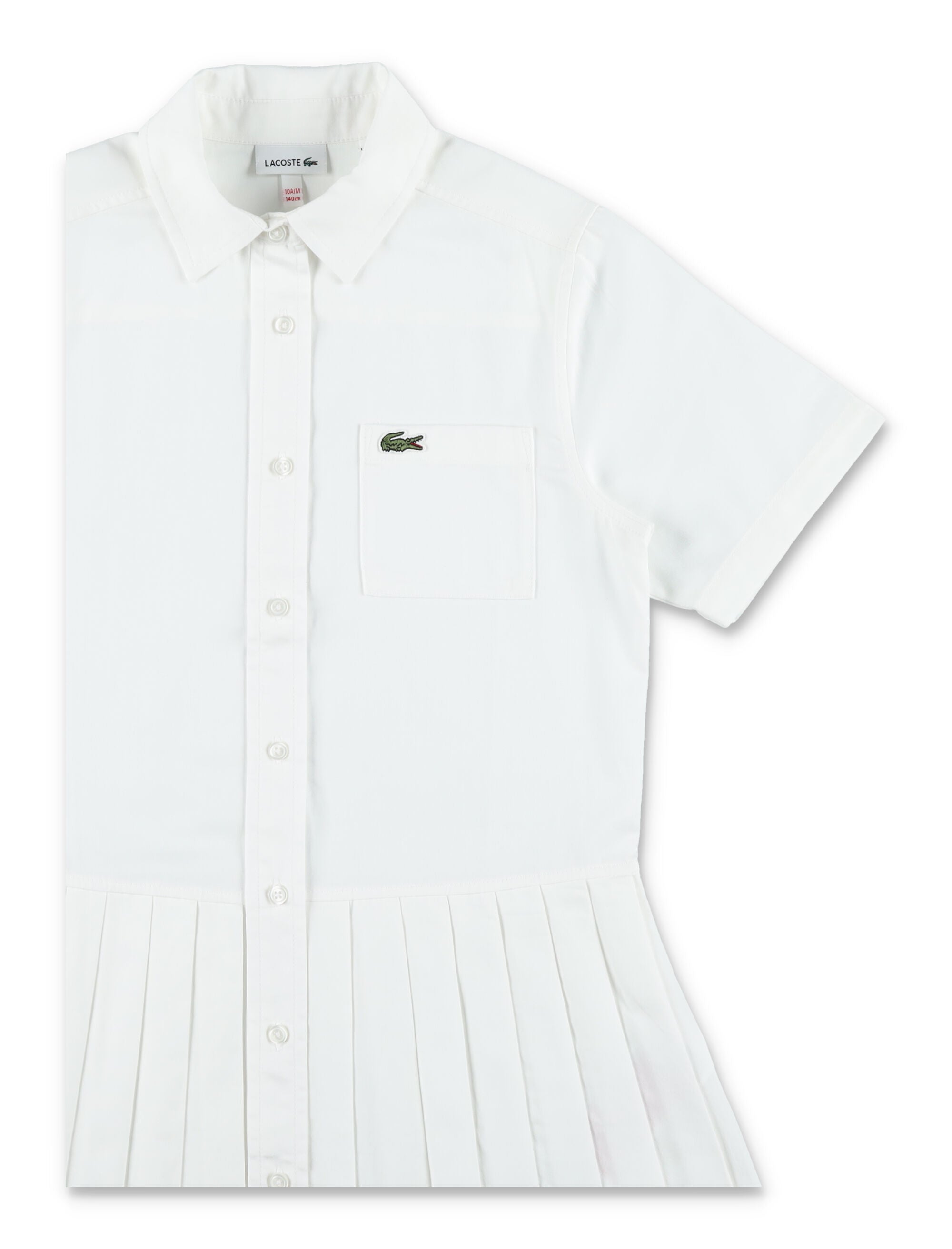 Lacoste Girls Pleated Poplin Shirt Dress White Organic Cotton