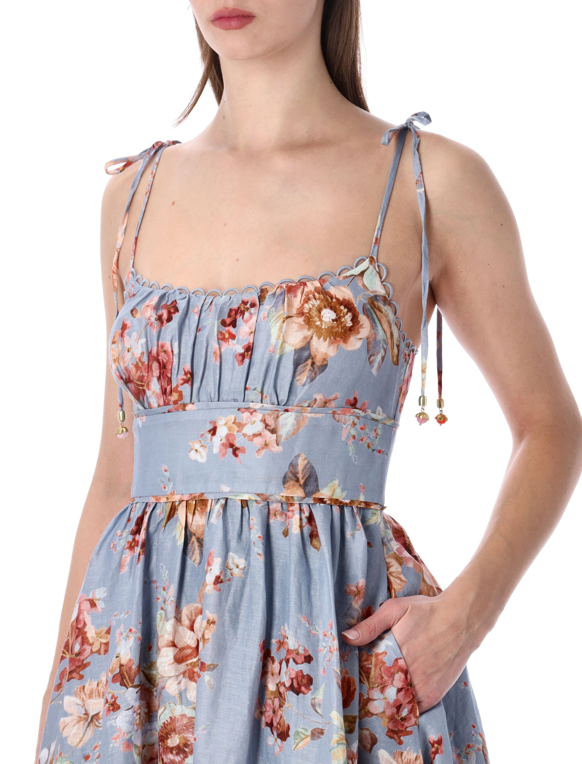 Zimmermann Awaken Picnic chambray floral midi dress Blue Linen