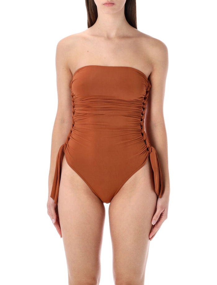 Zimmermann Daylight braided gathered one-piece Copper Polyester Swimwear