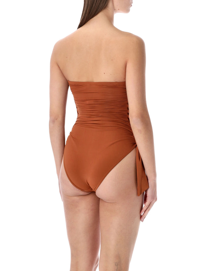 Zimmermann Daylight braided gathered one-piece Copper Polyester Swimwear