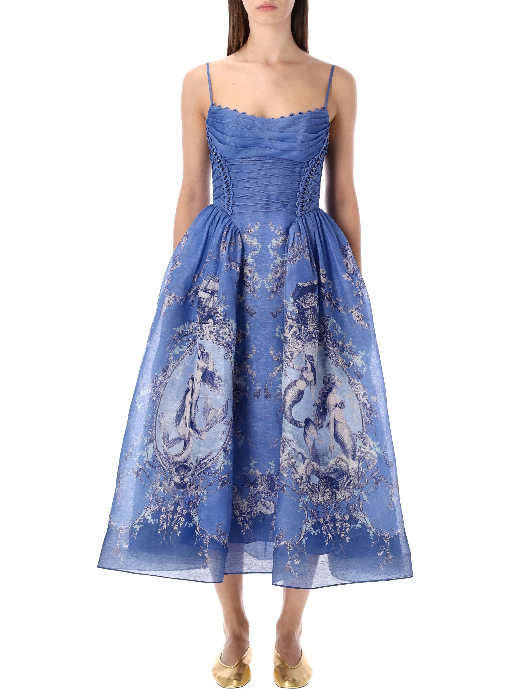 Zimmermann Rebellion silk-linen midi dress Blue Mermaid