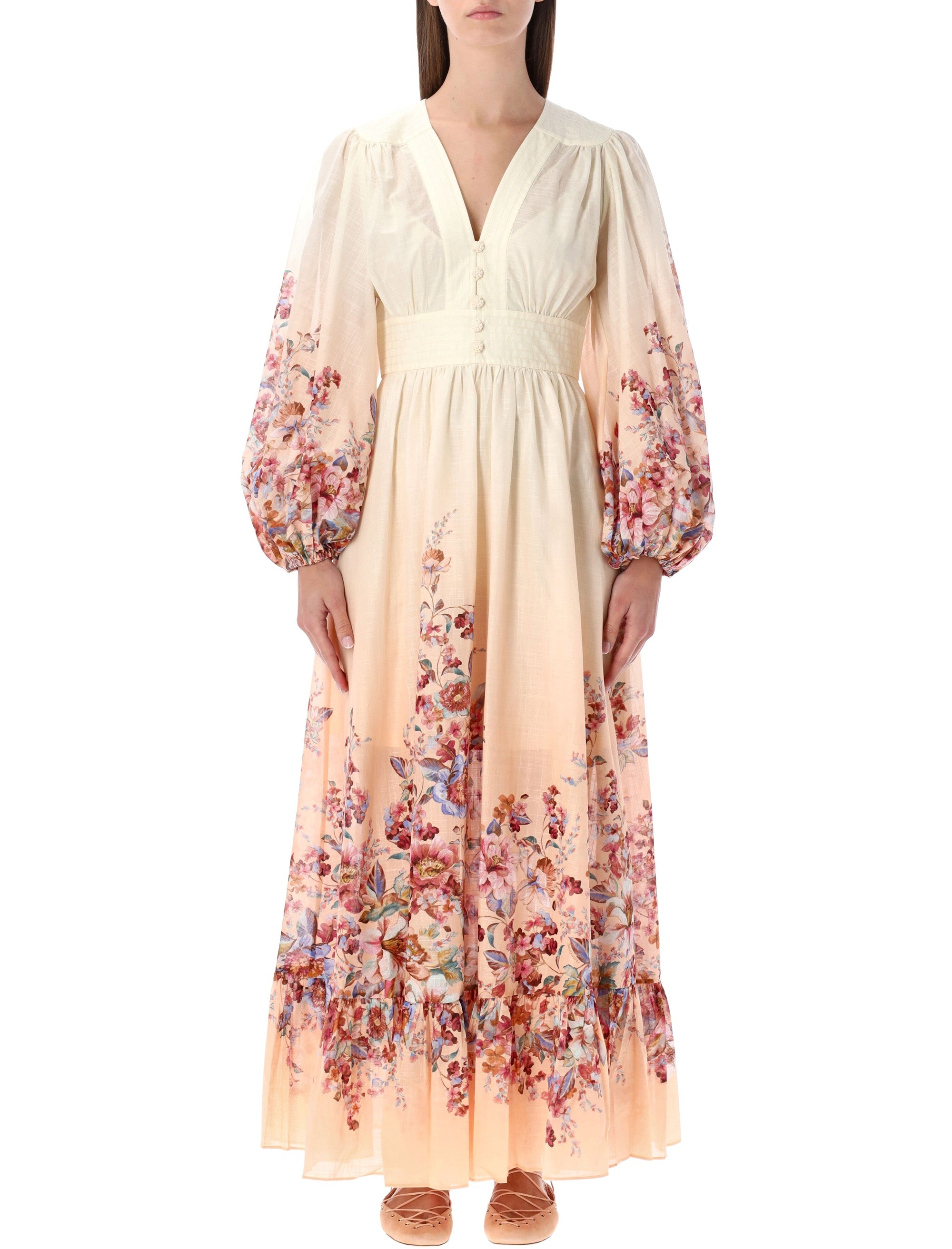 Zimmermann Awaken Floral Deep-V Maxi Dress Ivory Cotton