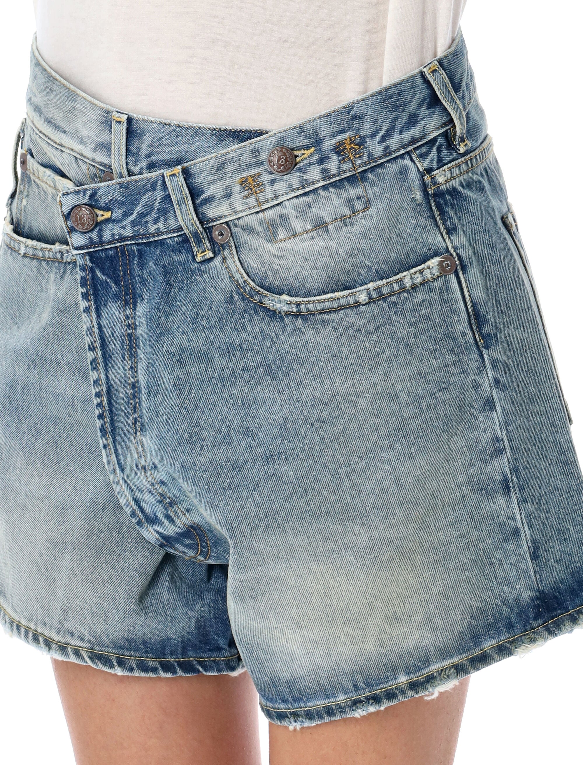 Crossover Denim Shorts Distressed R13 Bain Blue Cotton