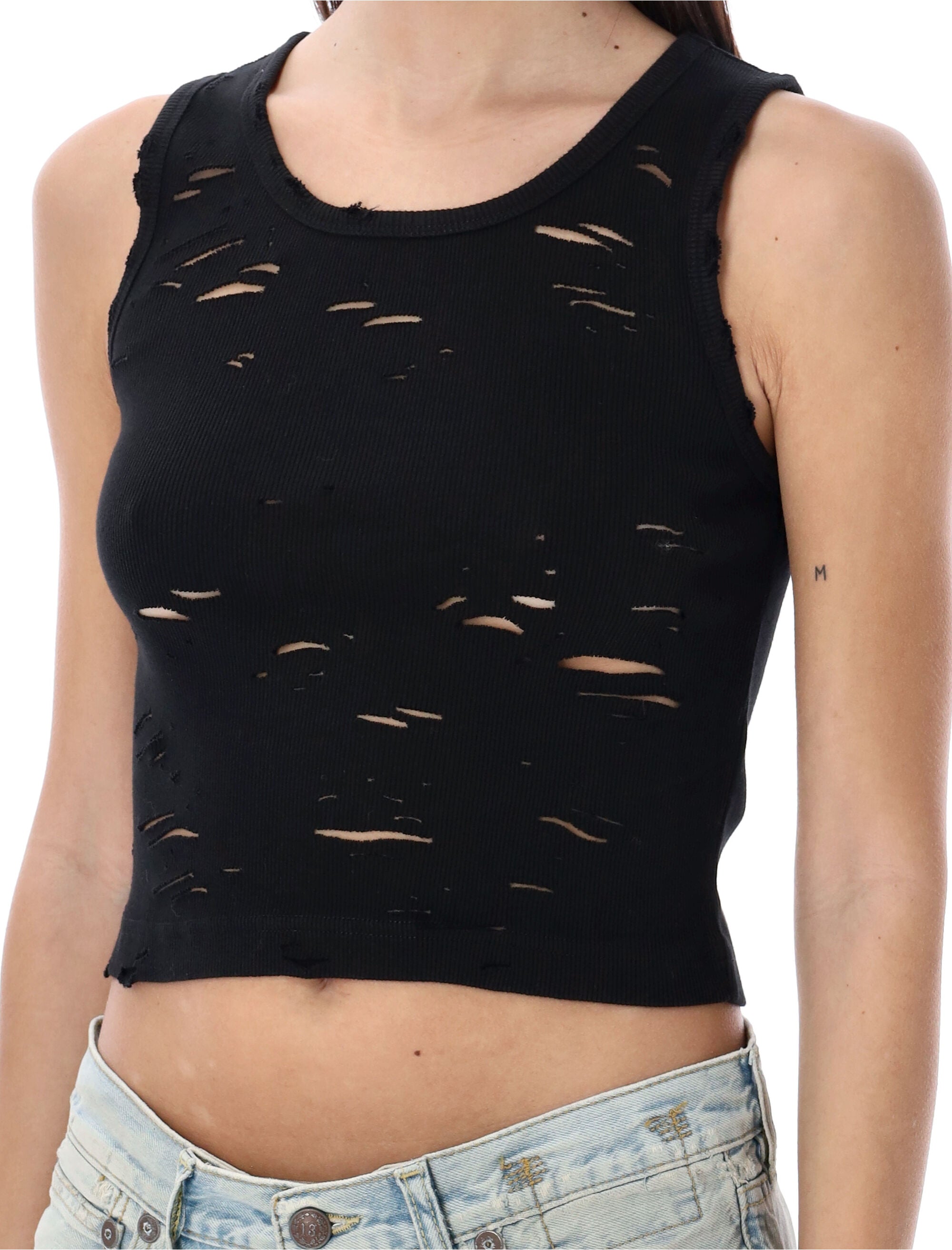 R13 black distressed rib tank Cotton