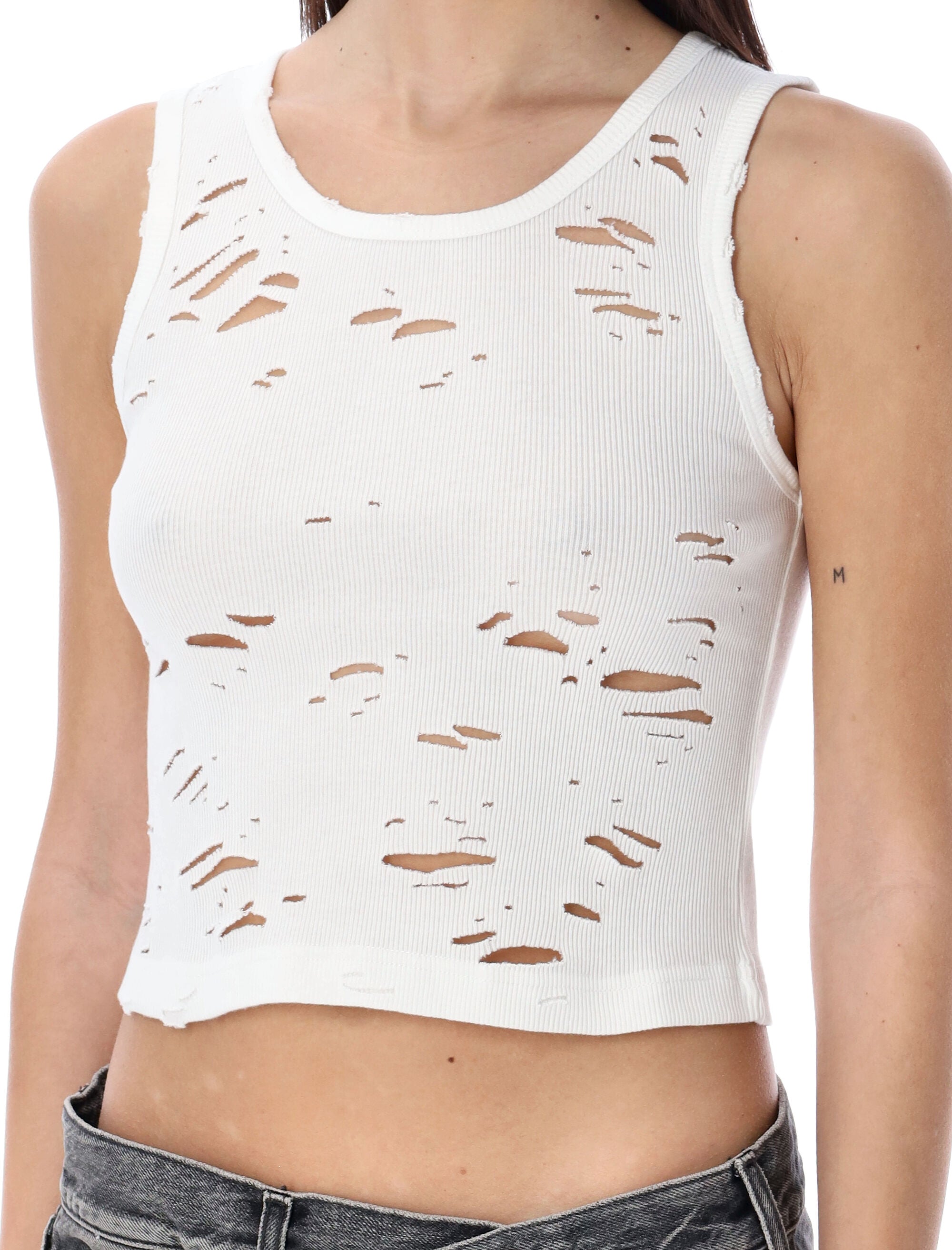 R13 white distressed rib tank Ecru Cotton