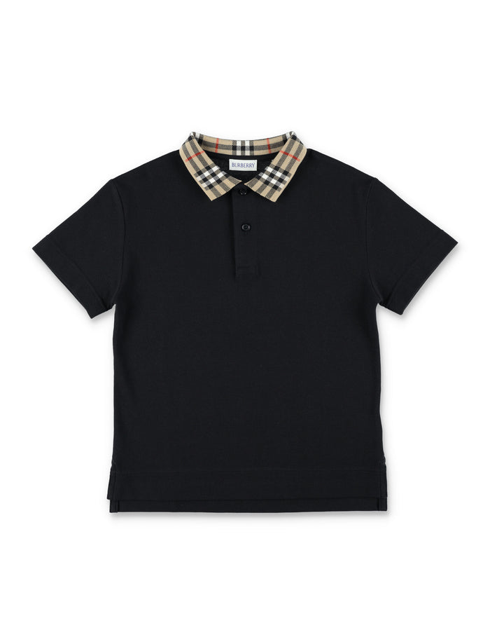 Burberry Black Cotton Polo With Check Collar For Kids Tshirt