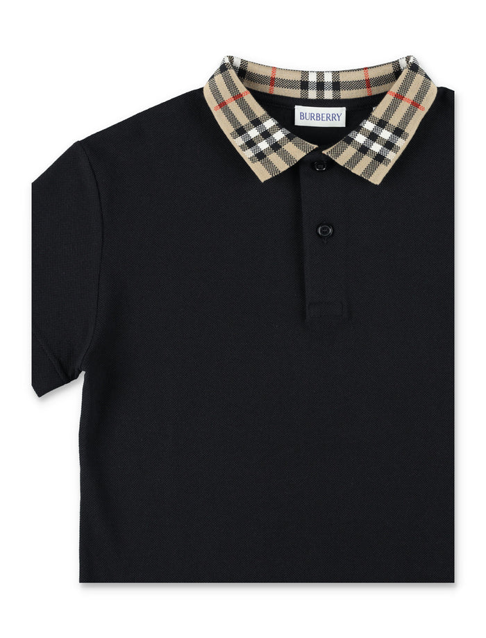 Burberry Black Cotton Polo With Check Collar For Kids Tshirt