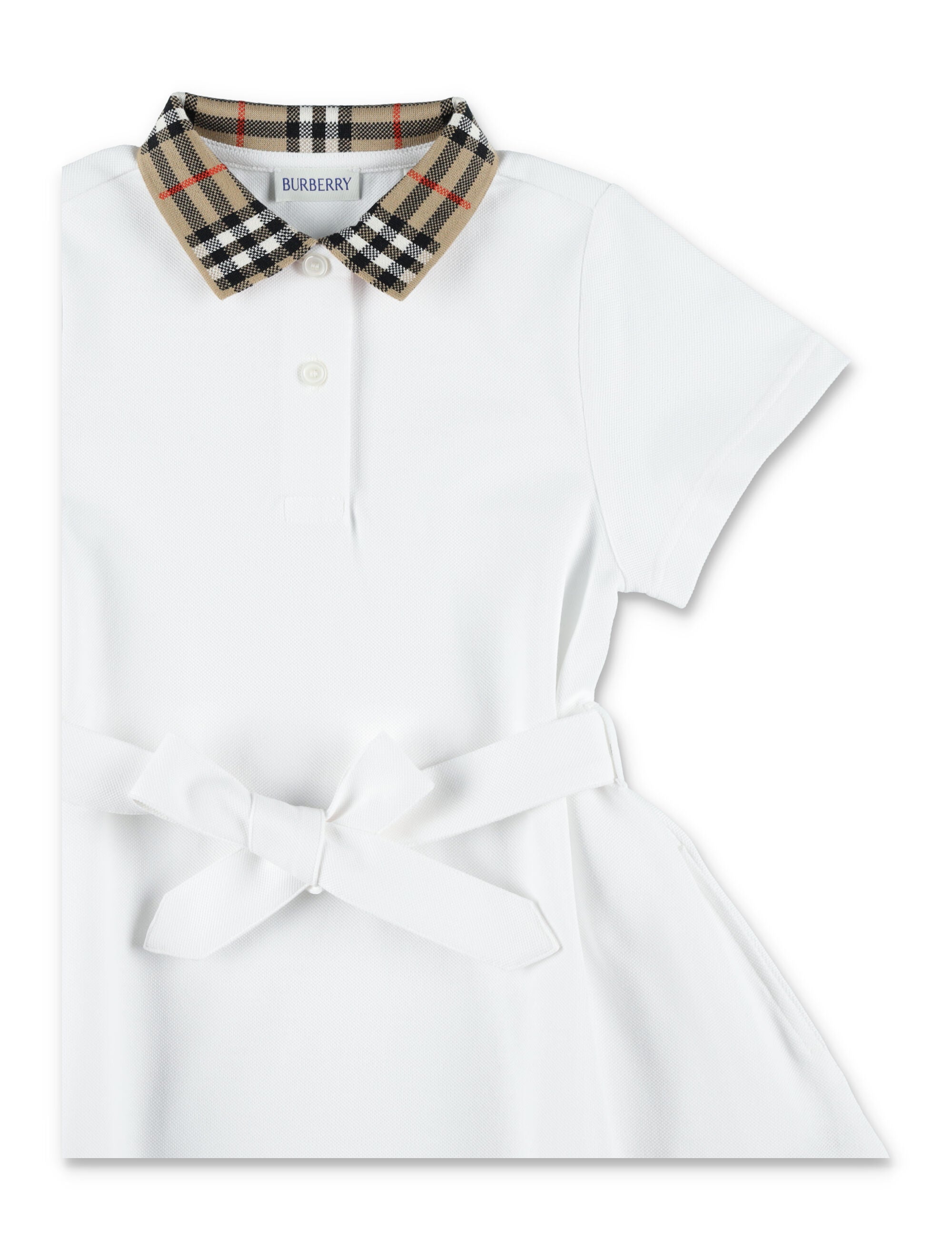 Burberry White Cotton Polo Dress With Collar Check For Girls