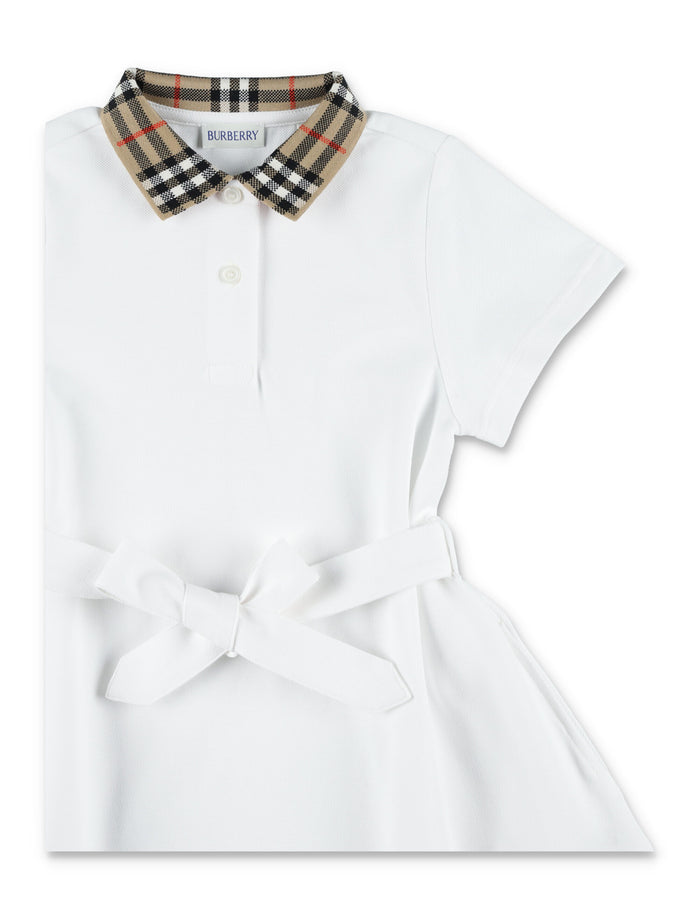 Burberry White Cotton Polo Dress With Collar Check For Girls