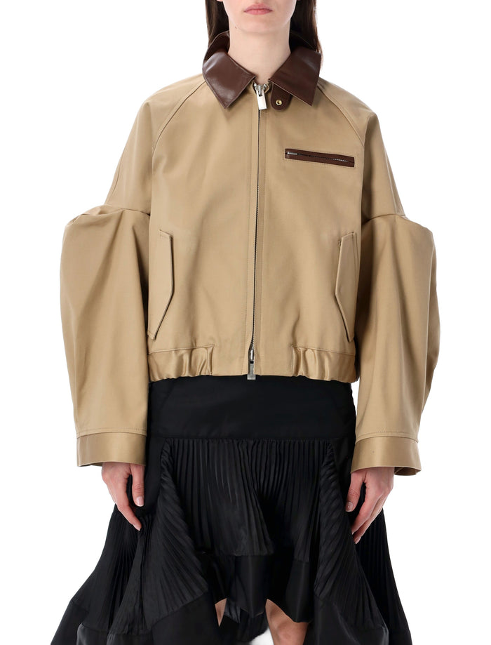Sacai Chino Bomber with Leather Collar and Details Biege Cotton Jacket