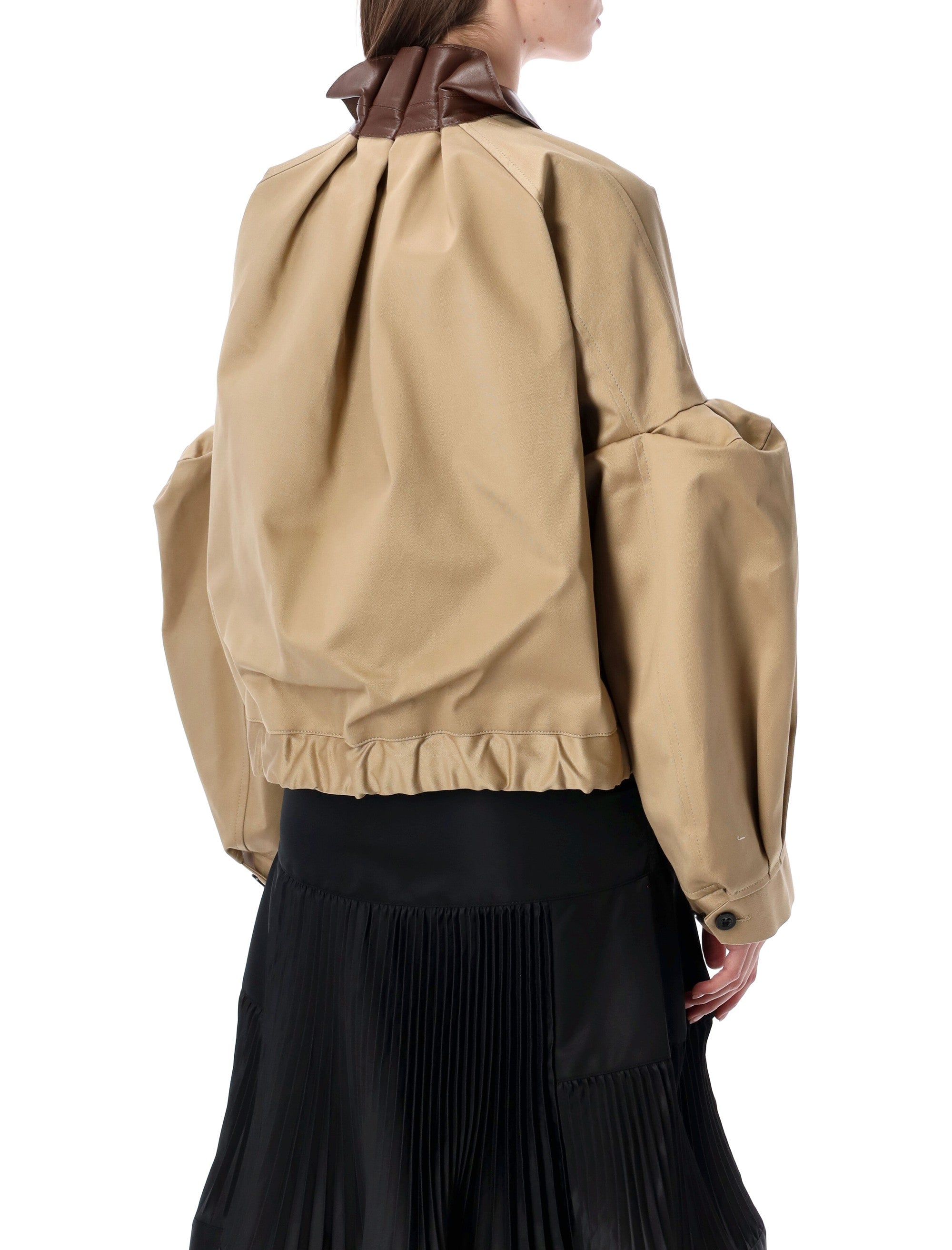 Sacai Chino Bomber with Leather Collar and Details Biege Cotton Jacket