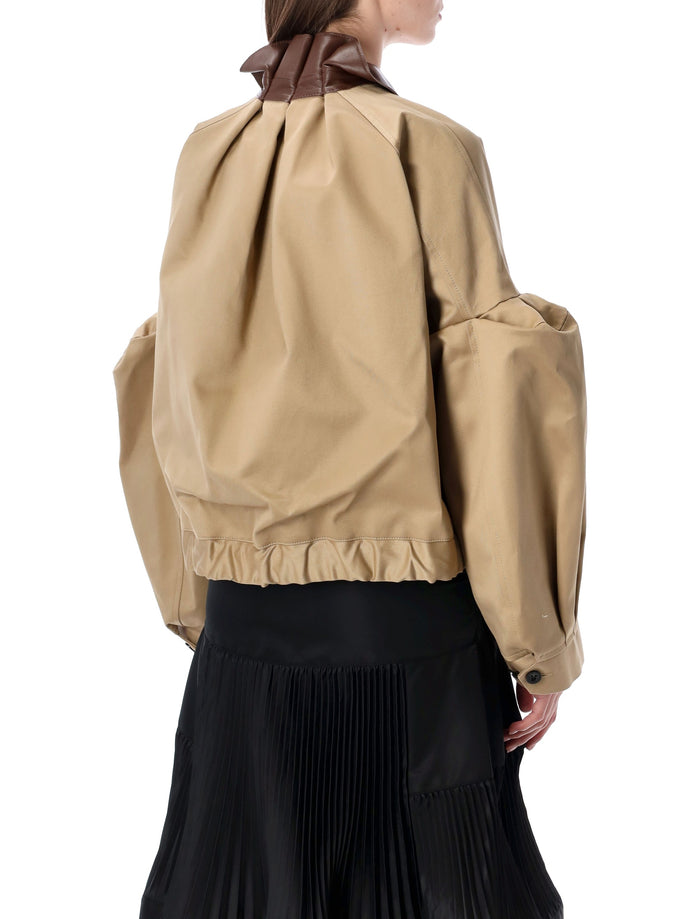 Sacai Chino Bomber with Leather Collar and Details Biege Cotton Jacket