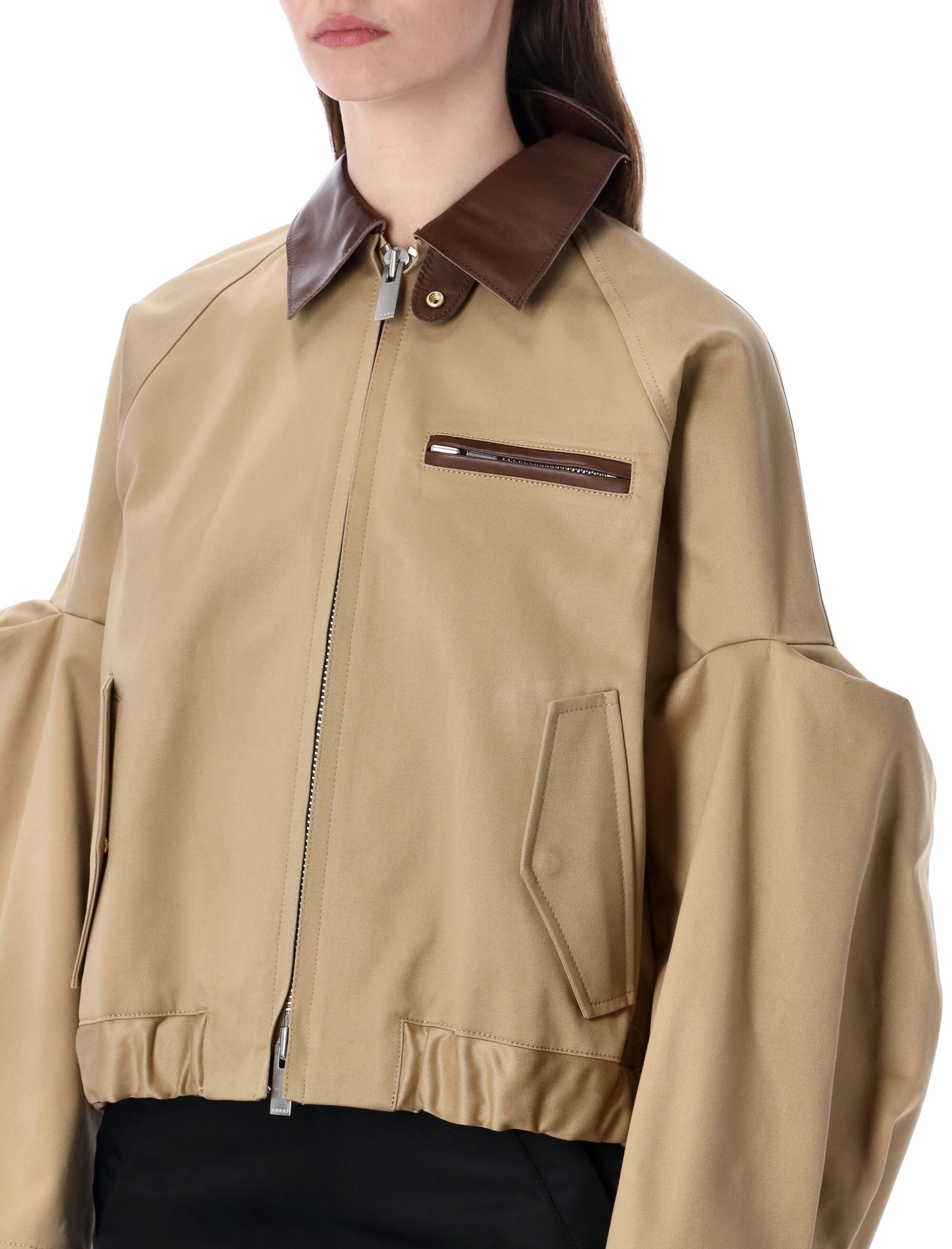 Sacai Chino Bomber with Leather Collar and Details Biege Cotton Jacket