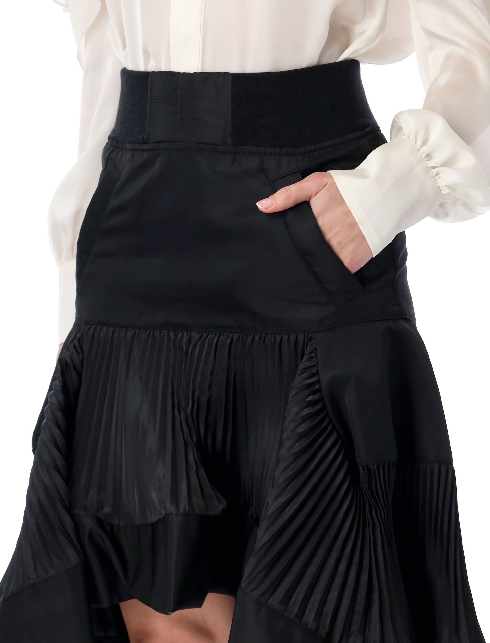 Sacai Nylon Twill Midi Skirt with pleated inserts Black