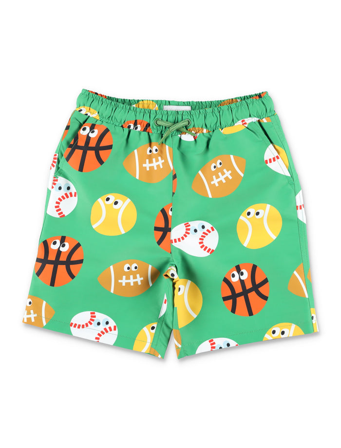 Stella McCartney Kids sports ball print beach shorts for Verde Polyester Swimwear