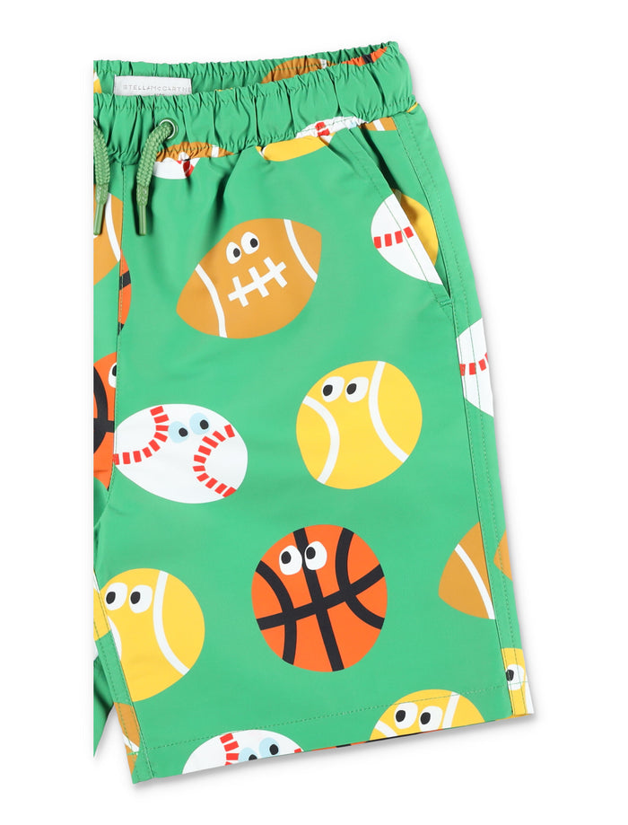 Stella McCartney Kids sports ball print beach shorts for Verde Polyester Swimwear
