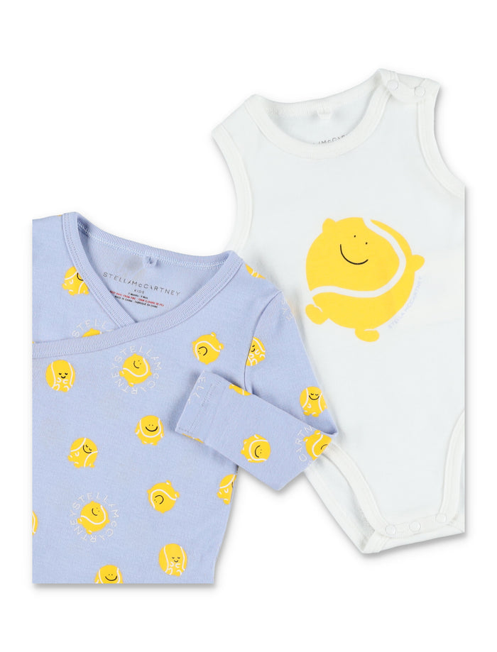 Stella McCartney Kids Tennis Ball romper set Blue White Cotton
