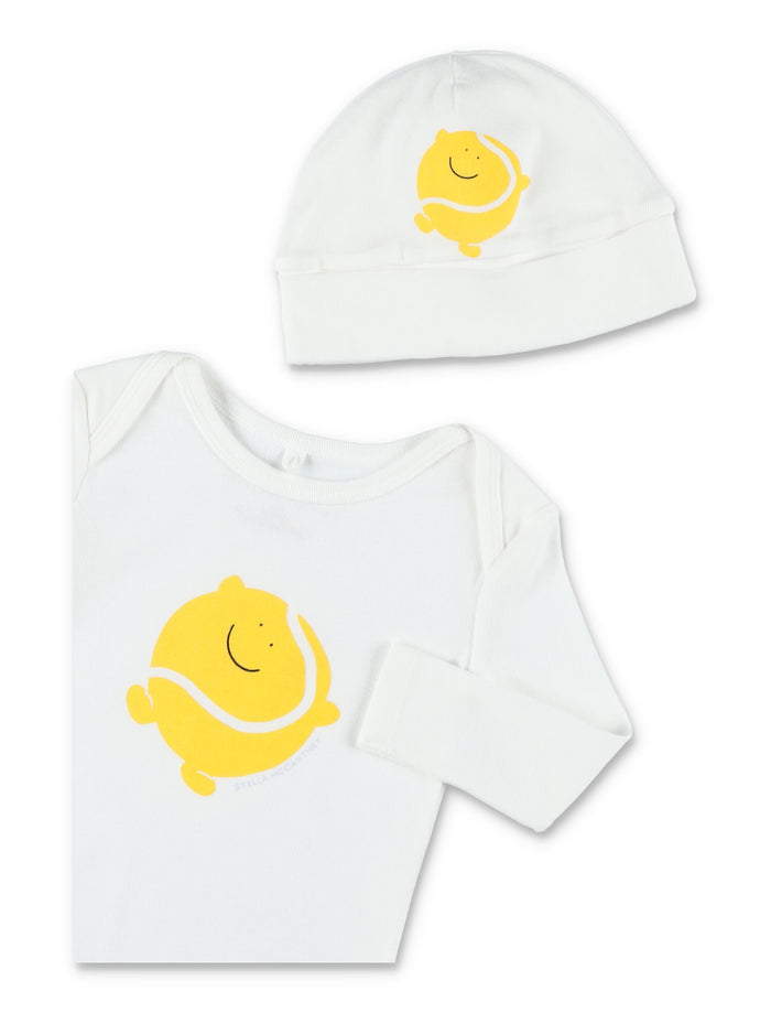 Stella McCartney Kids tennis ball romper & hat set Ivory Cotton