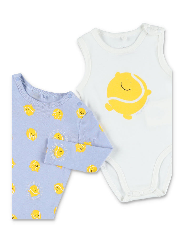 Stella McCartney Kids Tennis Ball romper & bodysuit set Blue White Cotton