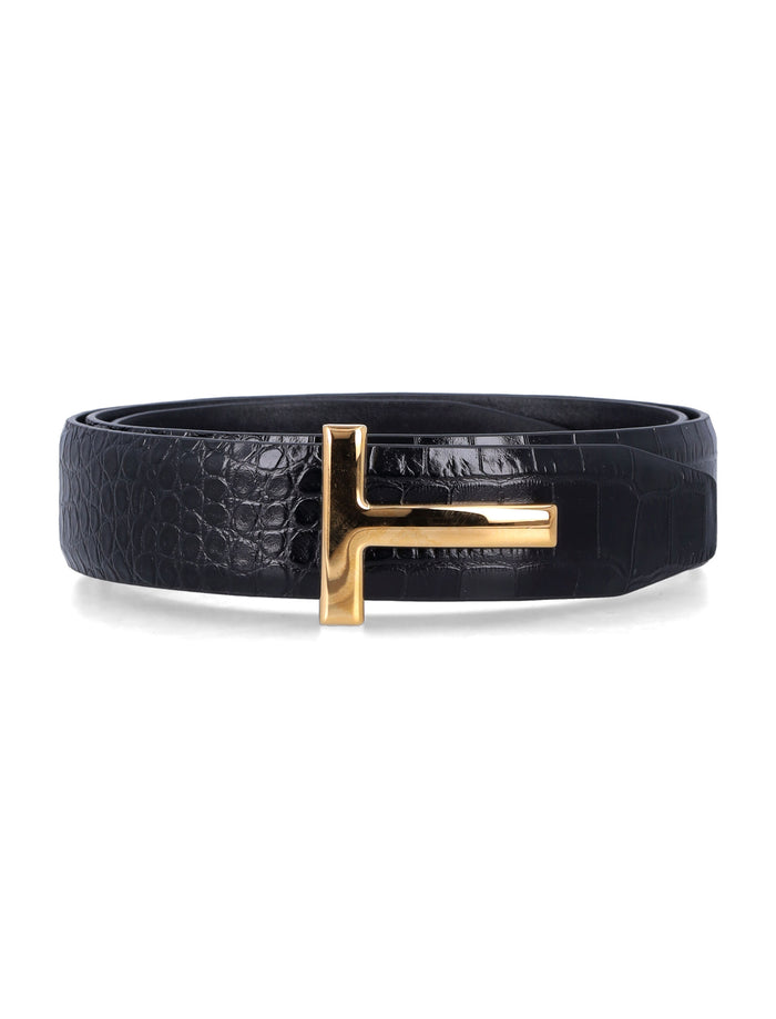 Tom Ford croc-embossed leather T buckle belt Black Calf