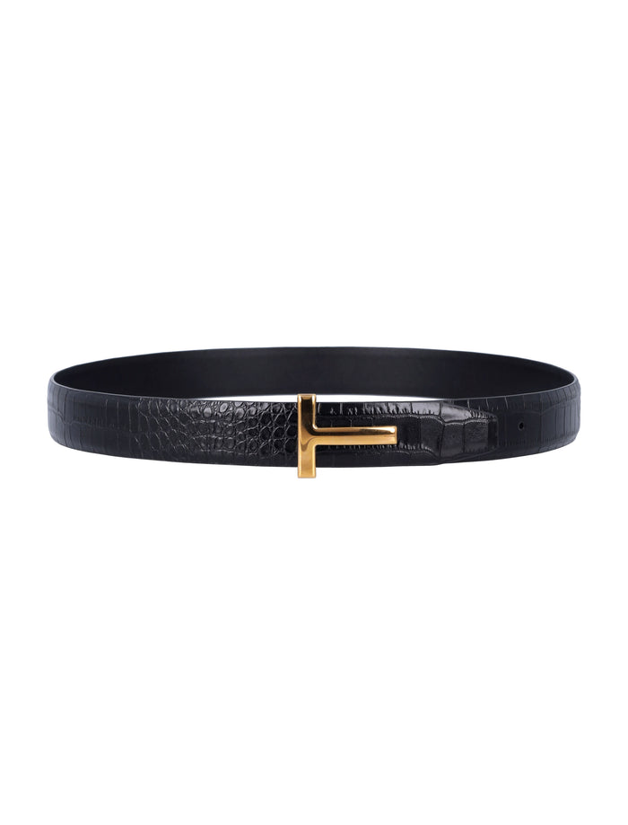 Tom Ford croc-embossed leather T buckle belt Black Calf