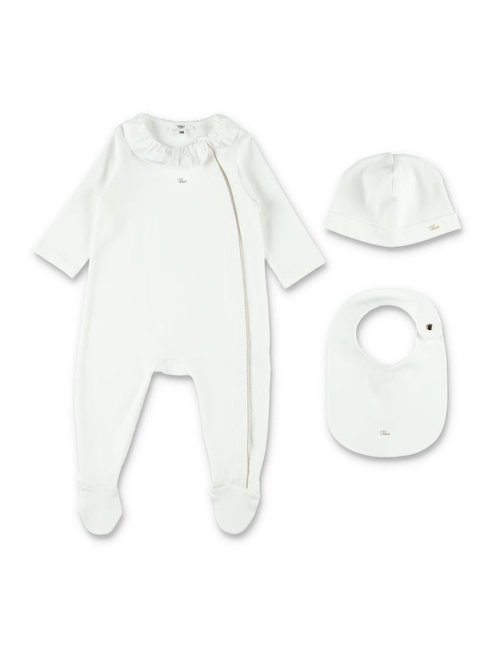 Chloé Baby Girl Gift Set – Romper, Hat & Bib White Cotton