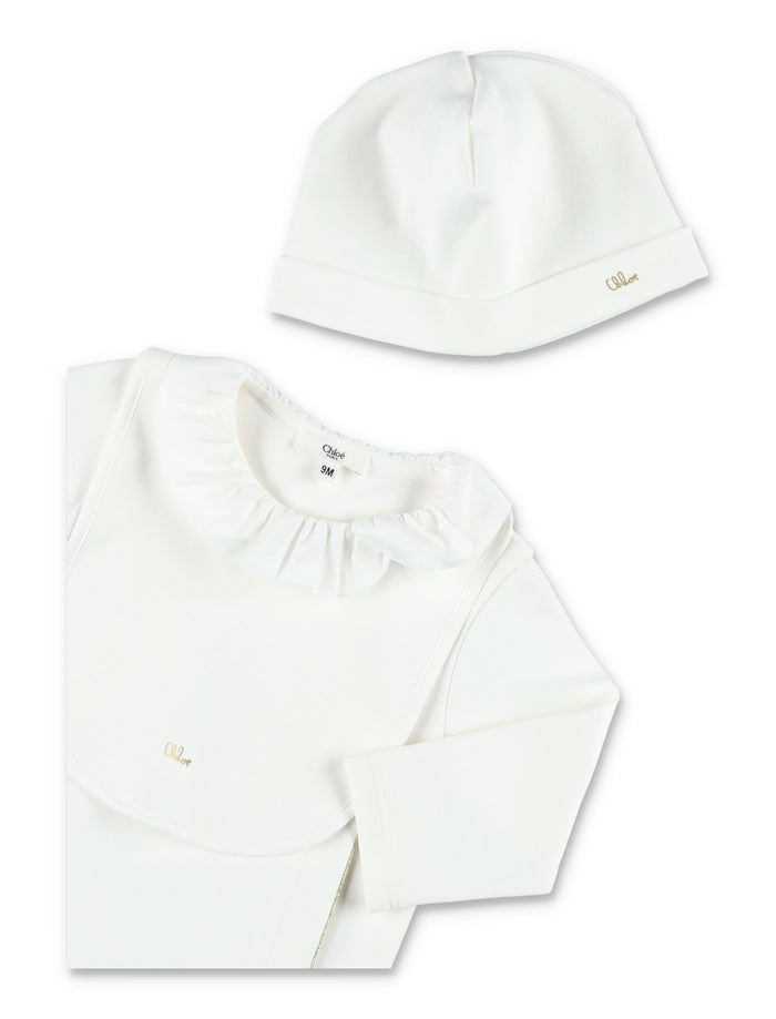Chloé Baby Girl Gift Set – Romper, Hat & Bib White Cotton