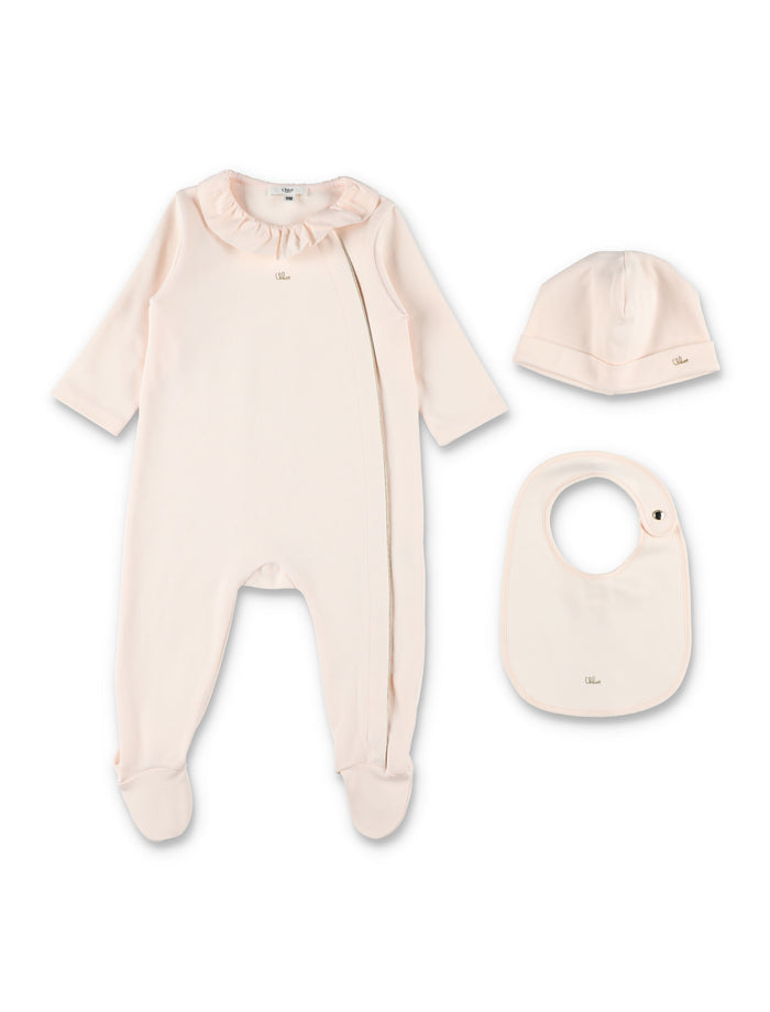 Chloé Baby Girl Gift Set – Romper, Hat & Bib Rose Cotton