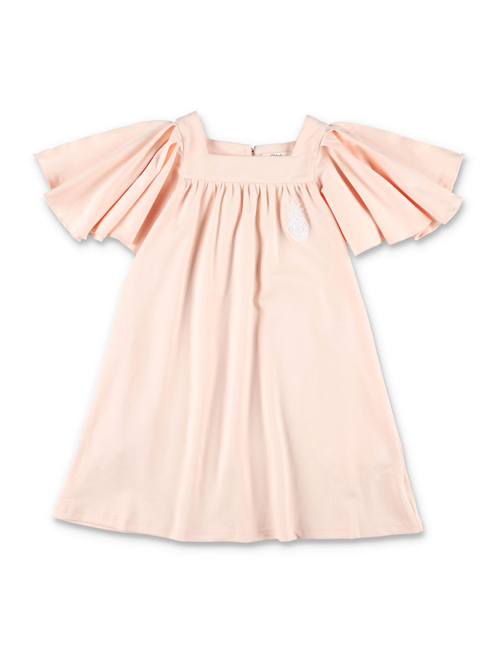 Chloé Cotton Jersey Dress with Ruffle Sleeves for Girls Cipria