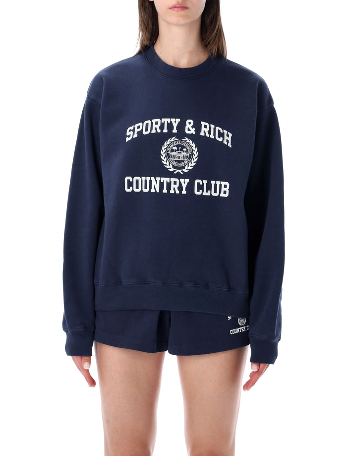 Sporty & Rich Navy Varsity Crewneck Sweatshirt Blue Cotton