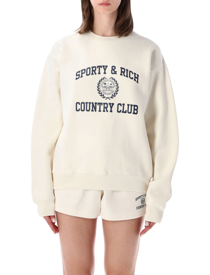 Sporty & Rich Off-White Varsity Crewneck Sweatshirt Ecru Navy Cotton