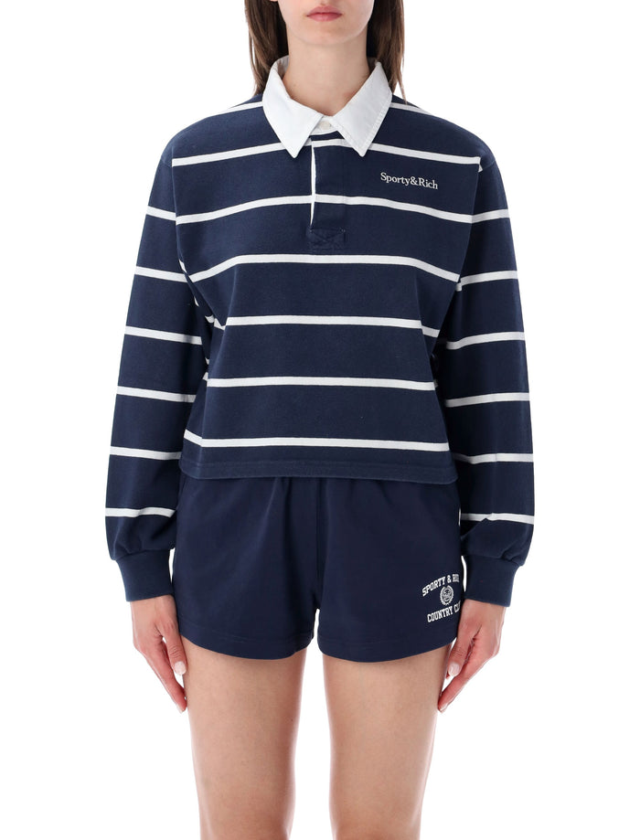 Sporty & Rich Navy Striped Rugby Polo Dark White Cotton Sweatshirt