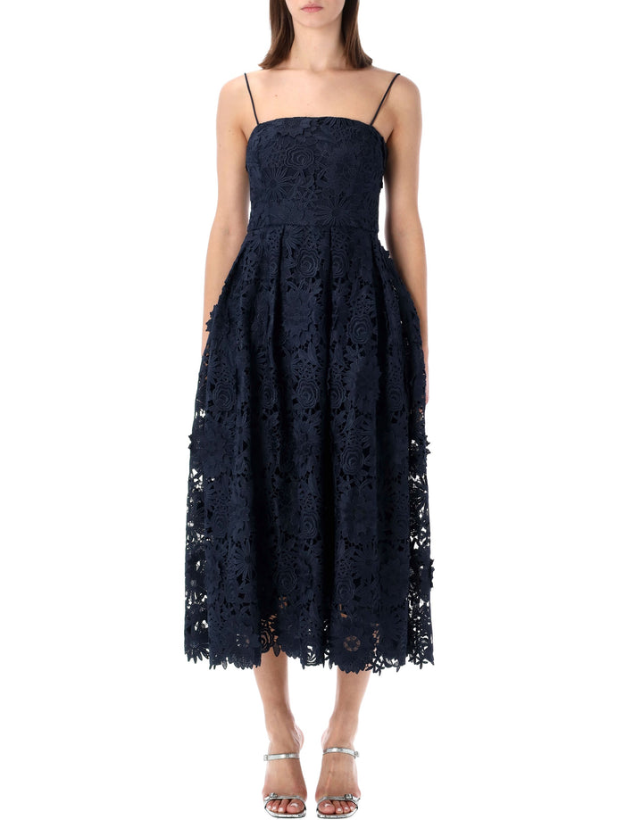 Rotate Flared 3d Lace Midi Dress Navy Recycled Polyester
